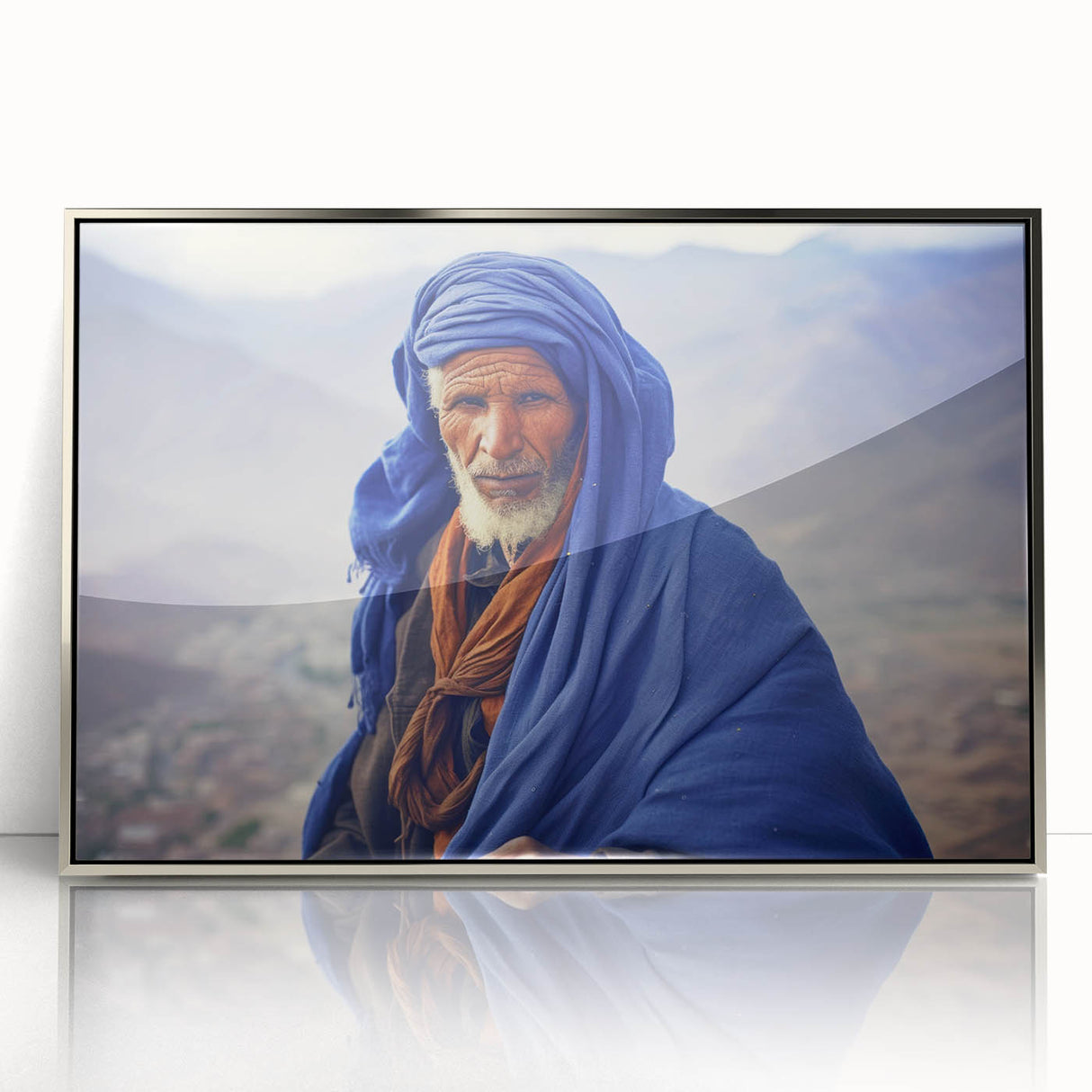 Art Deco style poster of an African scenery in Mali, framed in silver acrylic, ideal for modern art wall decor.