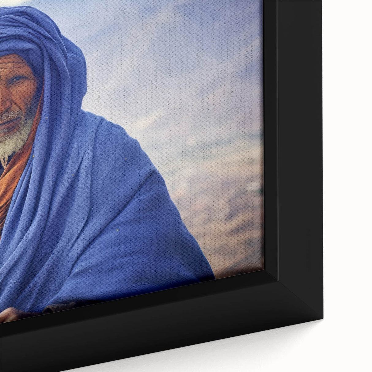 Extra large framed canvas featuring a textured, colorful African scenery in predominantly black tones.