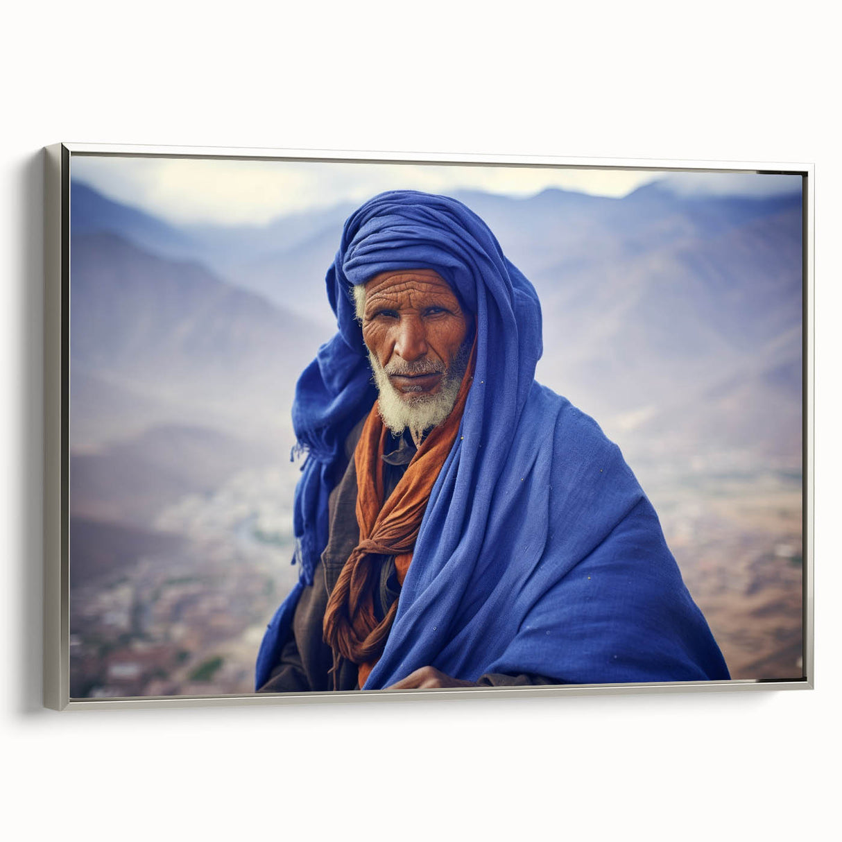 Framed canvas depicting a vintage-style Mali landscape in muted earth tones, ideal for bedroom wall art.