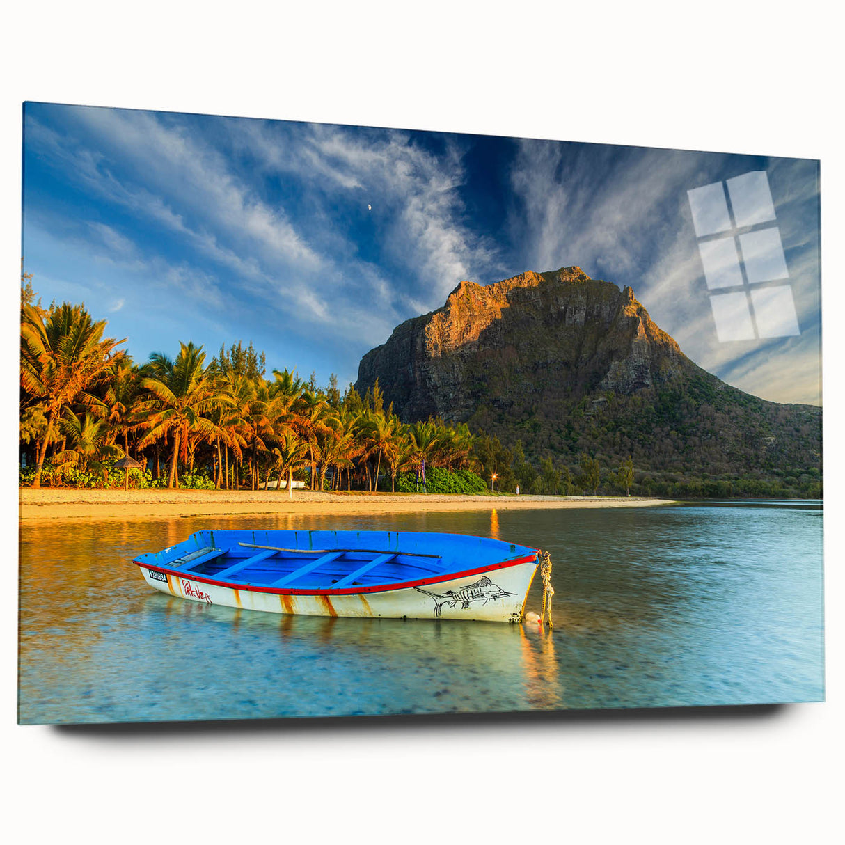 Large abstract wall art of a Mauritian landscape in vibrant colors on acrylic glass, ideal for bedroom or dining room decor.