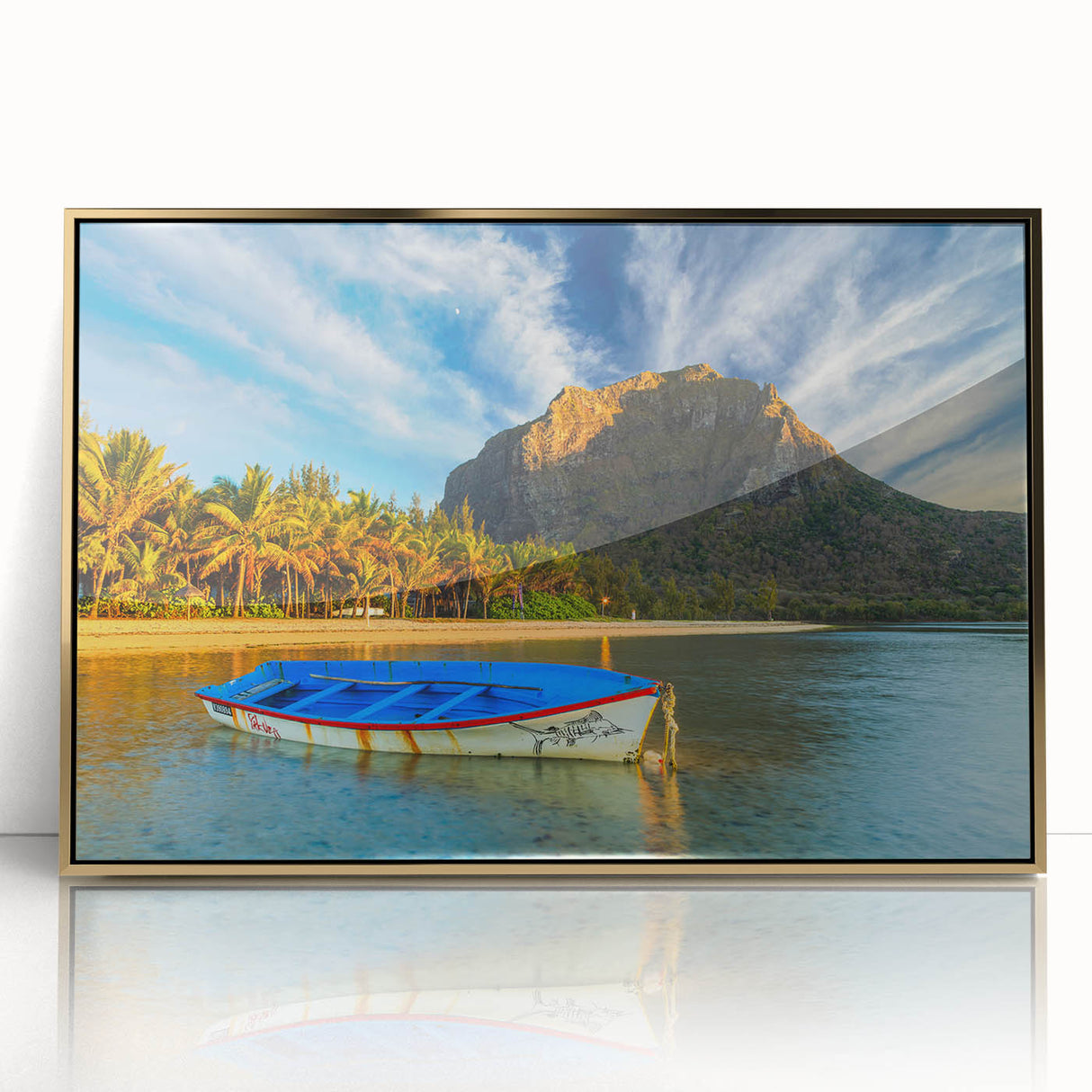 Mid-century modernist art depicting a serene Mauritius landscape in muted gold and blue tones, acrylic print framed.