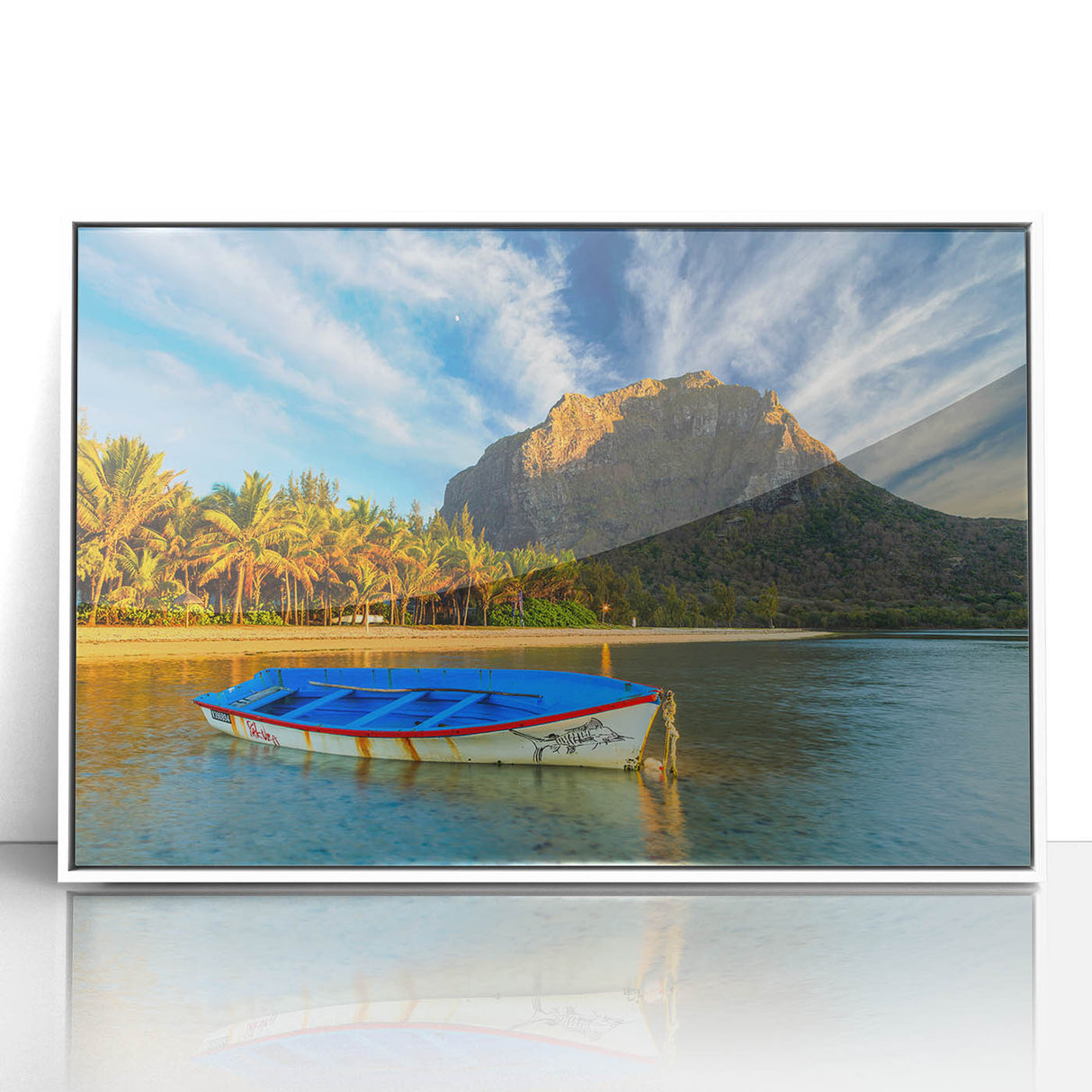 Framed acrylic print of a Mauritius coastline in muted blue and green tones, ideal for modern art wall decor.