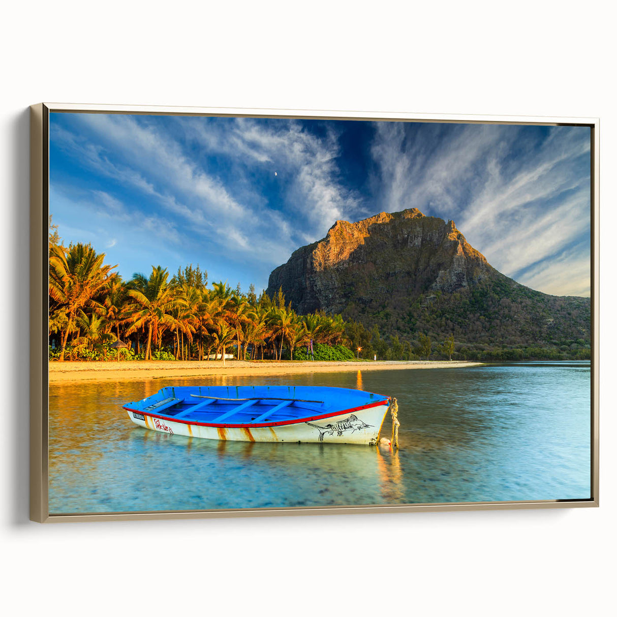 Framed canvas landscape art painting depicting a vivid Mauritius scenery with gold frame.