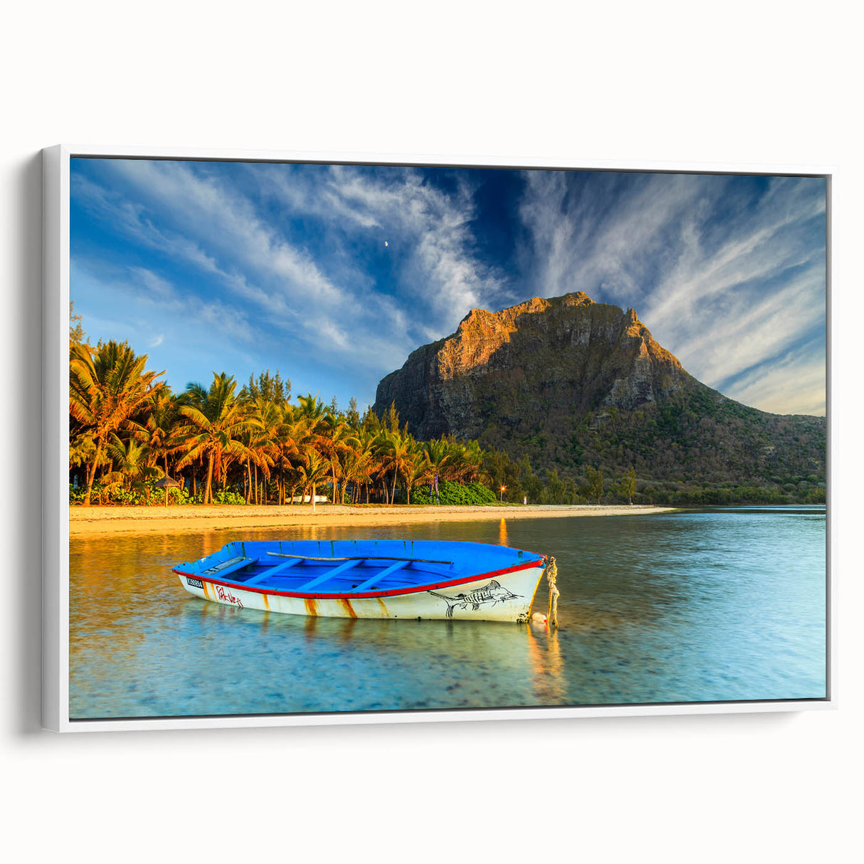Framed canvas of a vintage-style landscape painting depicting Mauritius, in muted earth tones, ideal for bedroom wall art.