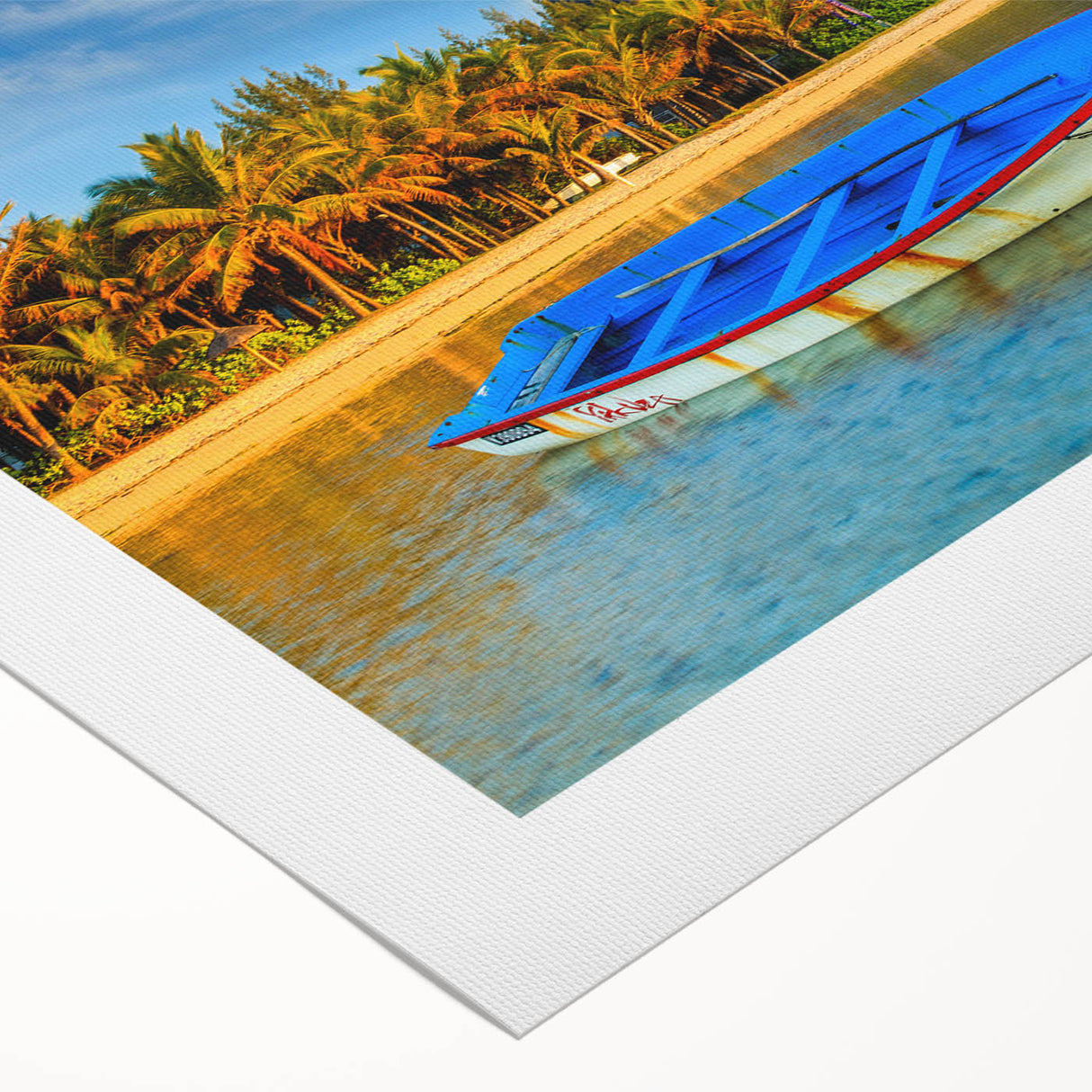 Art deco poster of a Mauritius landscape in muted earth tones on rolled canvas, suitable for dining room wall art.