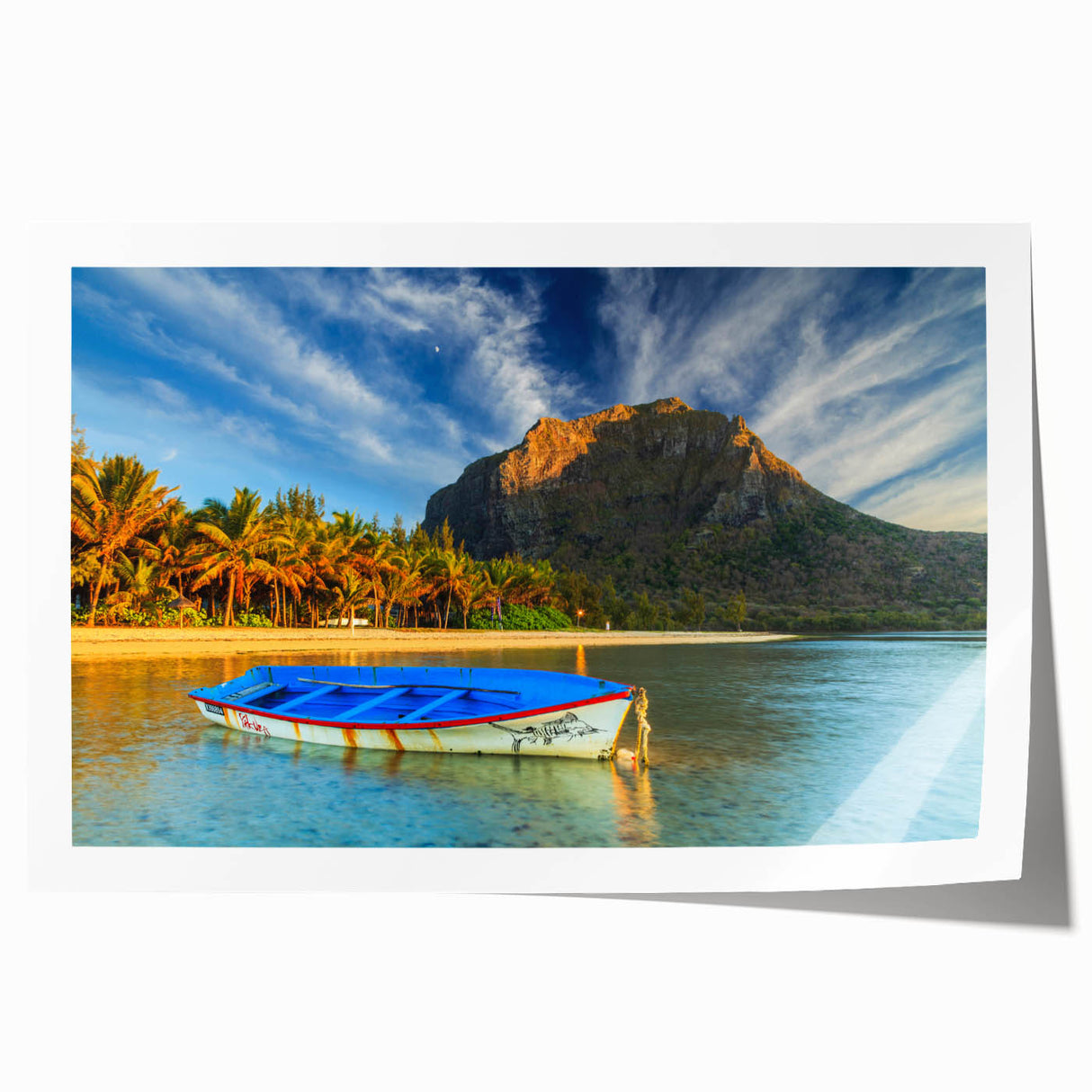 Extra large rolled print of a Mauritian landscape with vibrant green and blue tones, suitable for dining room wall art.