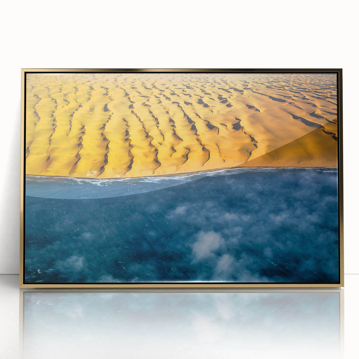 Mid-century modernist art depicting a serene Namibian landscape on a gold-framed acrylic, with earthy tones.