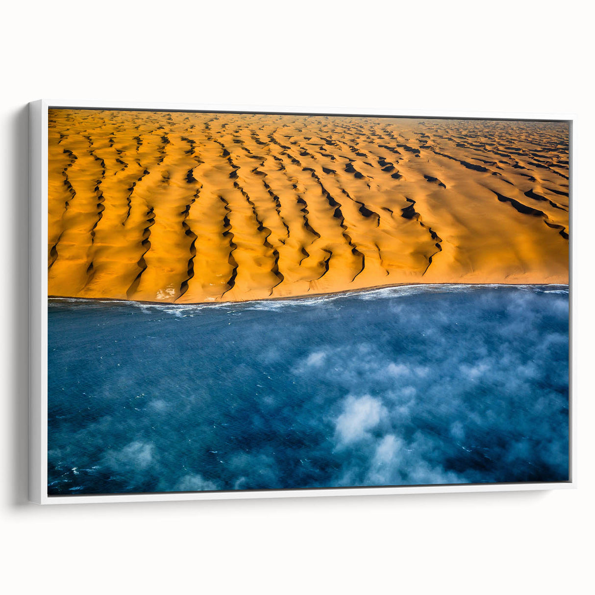 Framed canvas depicting a serene Namibian landscape in muted earth tones, ideal for bedroom wall art.