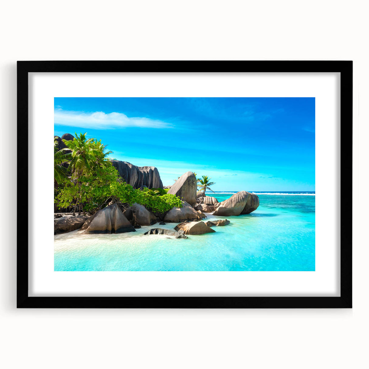 Extra large, textured abstract art print of colorful African scenery on a black framed mat, ideal for living room decor.
