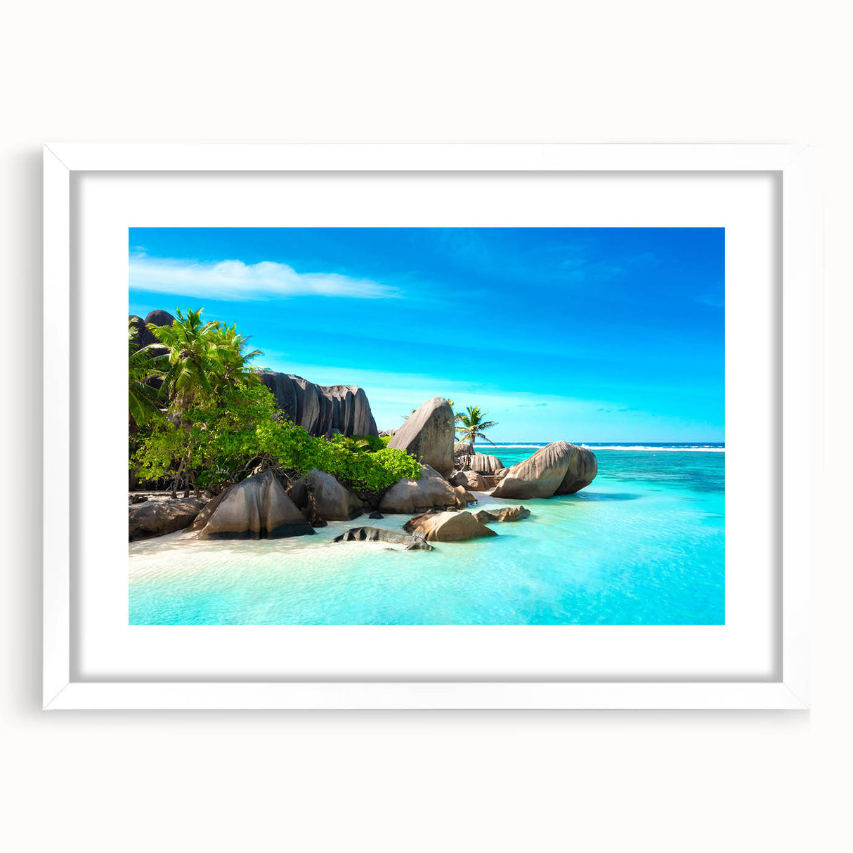 Textured abstract art print depicting an African Seychelles scenery in muted earth tones, framed with a white mat.