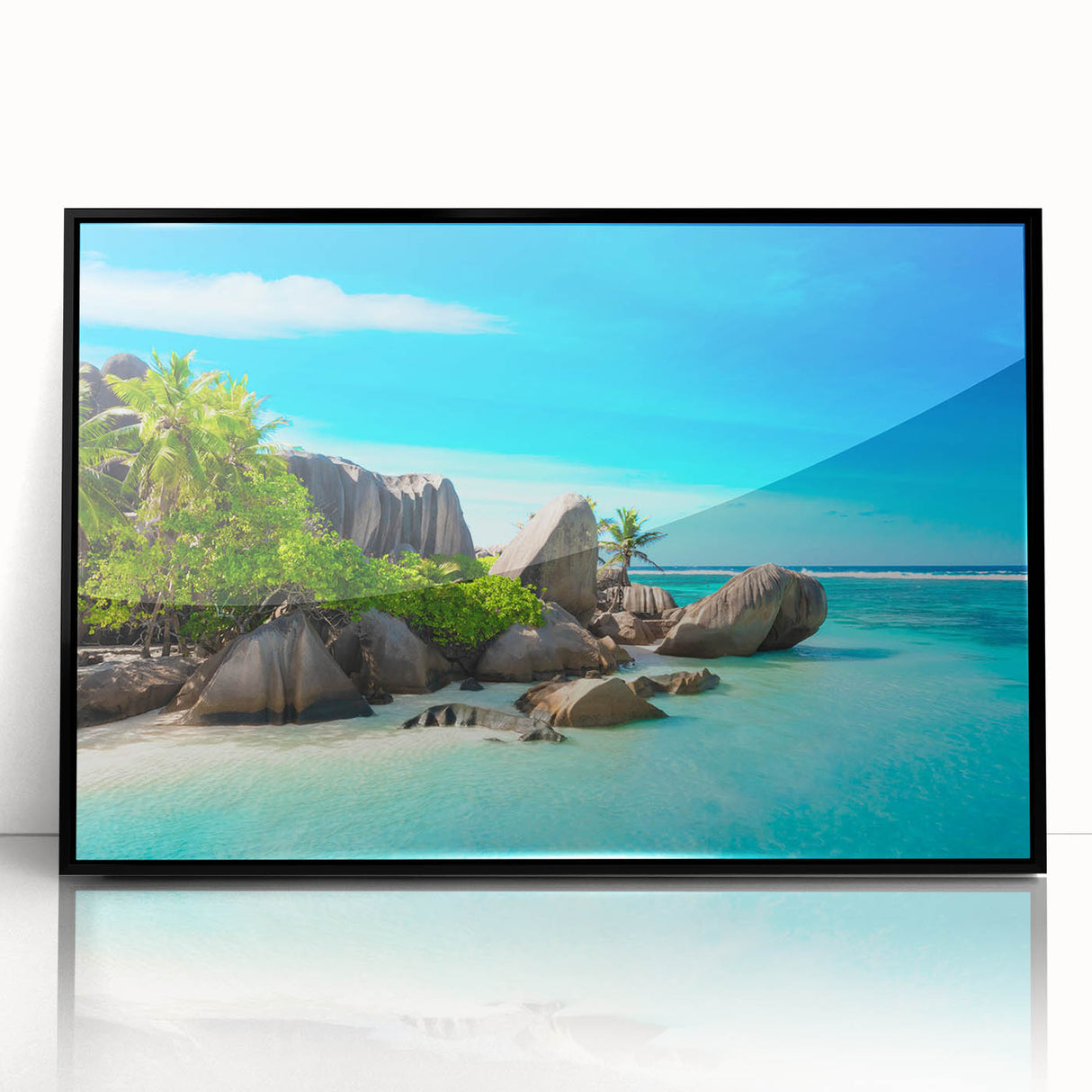 Large abstract wall art featuring a serene Seychelles landscape in muted earth tones on a framed acrylic.