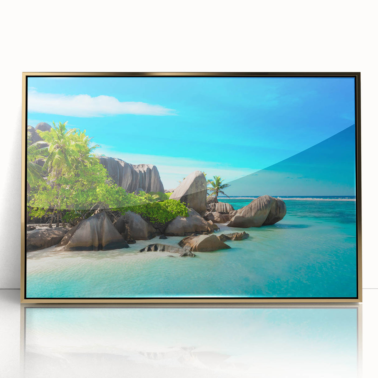 Framed acrylic print of a Seychelles landscape in gold tones, ideal for modern art wall decor.
