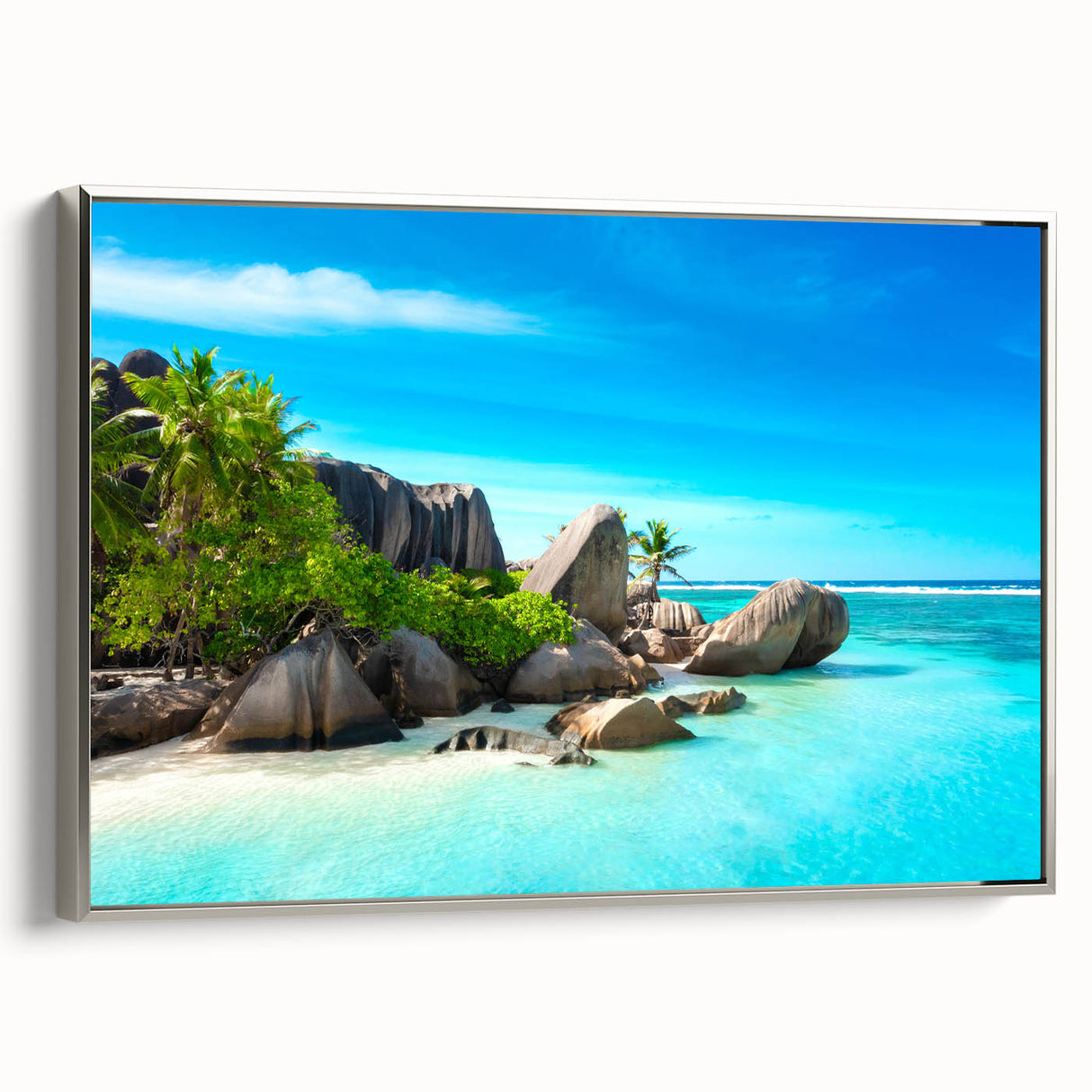 Framed canvas landscape art painting depicting the Seychelles with vibrant ocean blues and lush greenery.