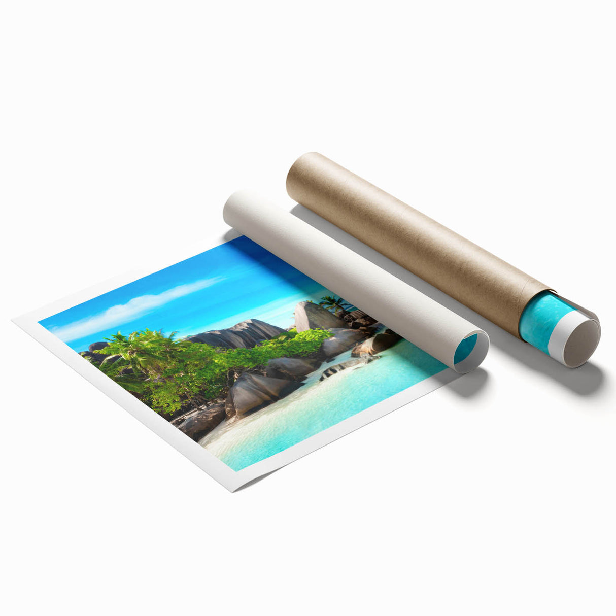 Extra large rolled canvas print featuring a serene Seychelles beach scene, ideal for classy bathroom wall art.