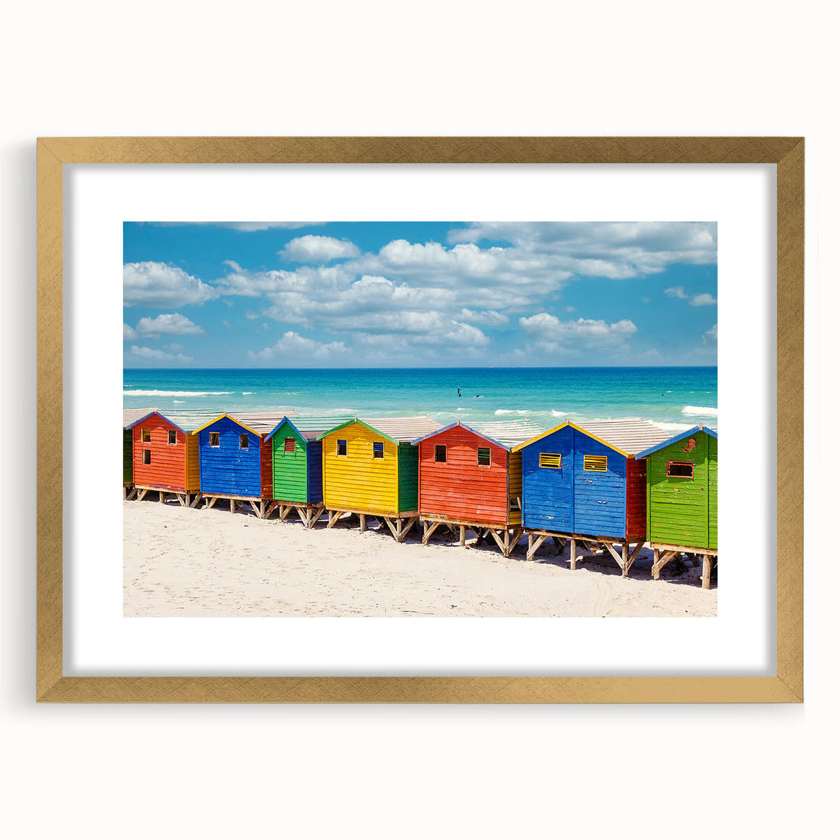 Abstract art print of a South African scenery in gold frame with mat, featuring earthy tones, ideal for dining room decor.