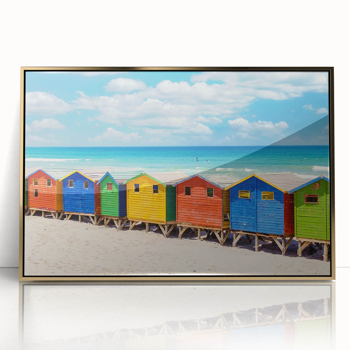 Art deco poster featuring a stylized South African landscape in gold and black tones on acrylic.