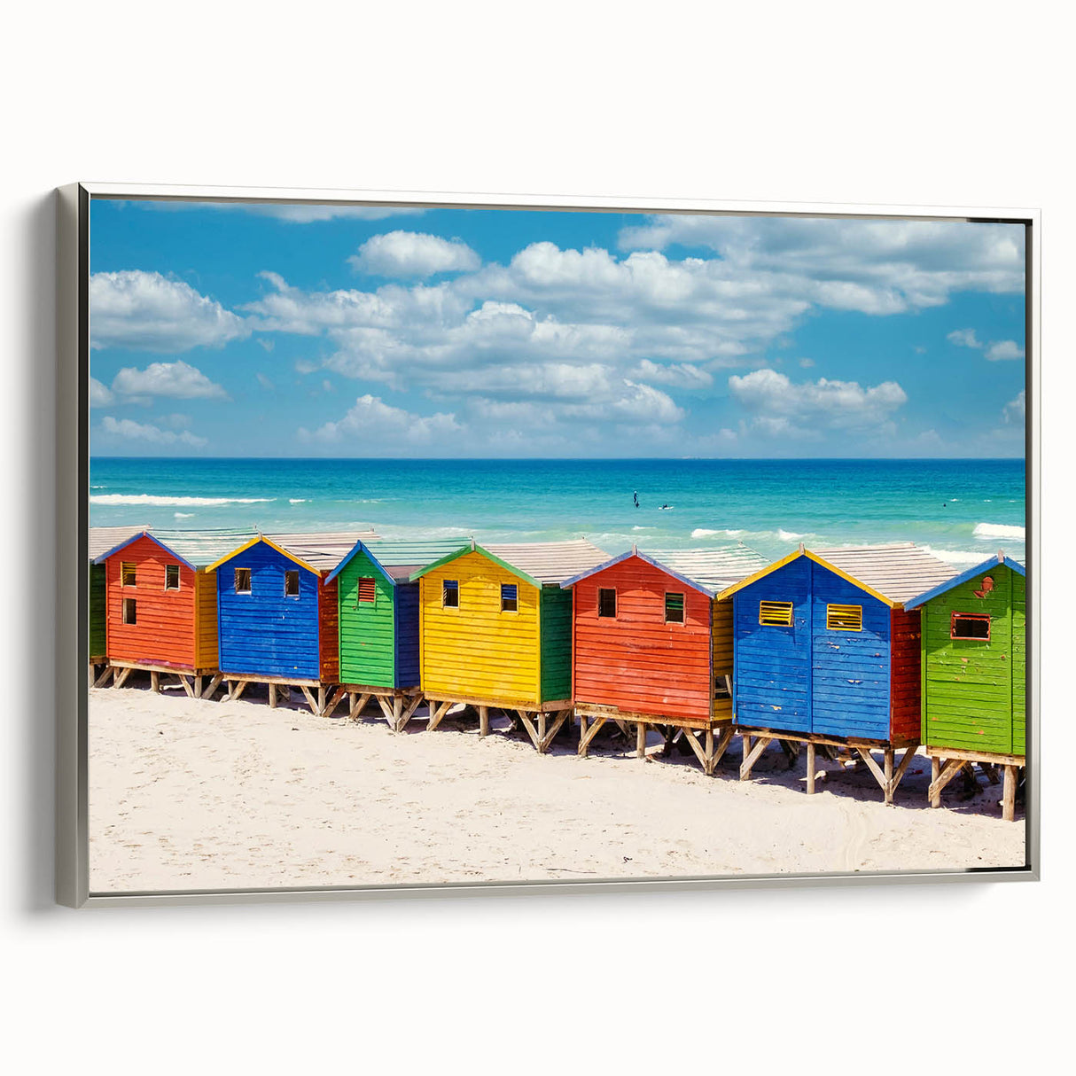 Framed canvas of a vintage-style African landscape painting, featuring vibrant colors and black outlines.