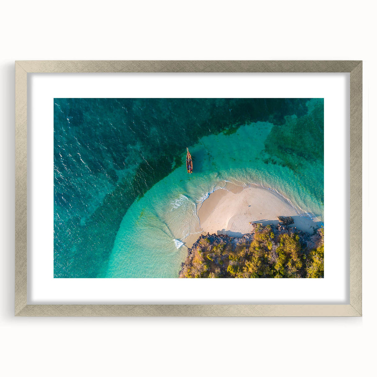 Textured abstract art print depicting a Tanzanian scenery in muted earth tones, framed in silver, ideal for bedroom art.