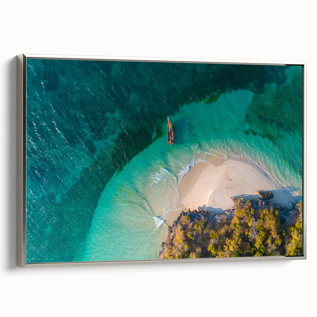 Framed canvas depicting a Tanzanian landscape with vibrant colors on a black background, ideal for living room decor.