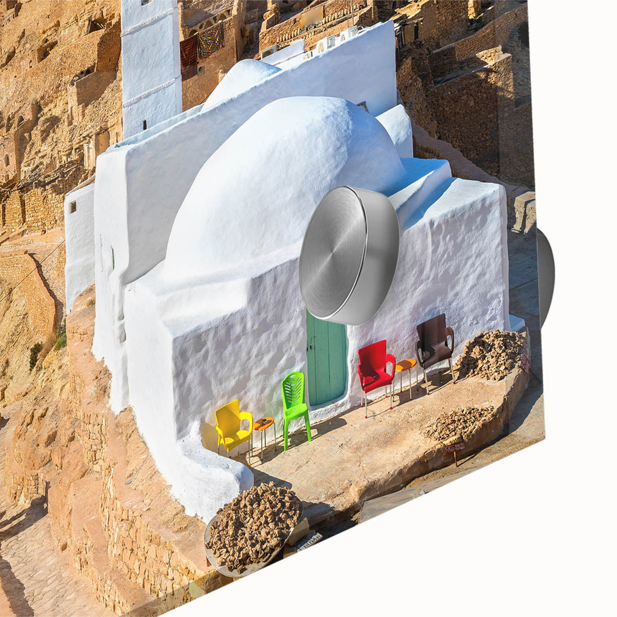 Large abstract wall art depicting a Tunisian scenery in mid-century modernist style on acrylic glass.