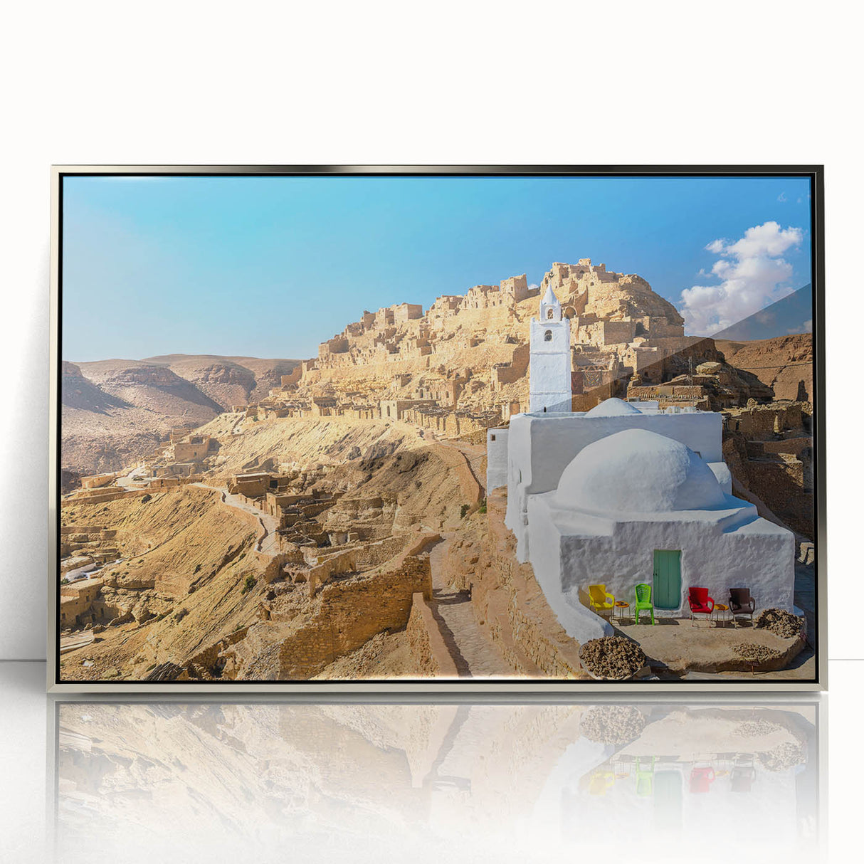 Mid-century modernist art depicting a Tunisian landscape on a framed acrylic print, suitable for nursery wall decor.