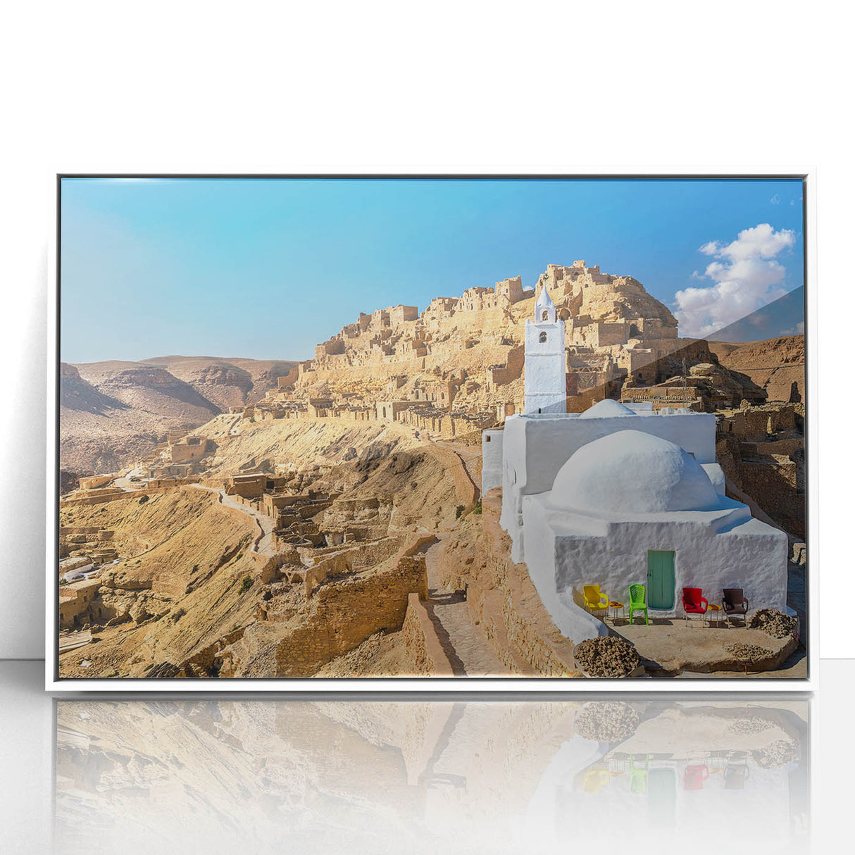 Art deco poster of Tunisian landscape in muted earth tones on framed acrylic, ideal for modern art wall decor.