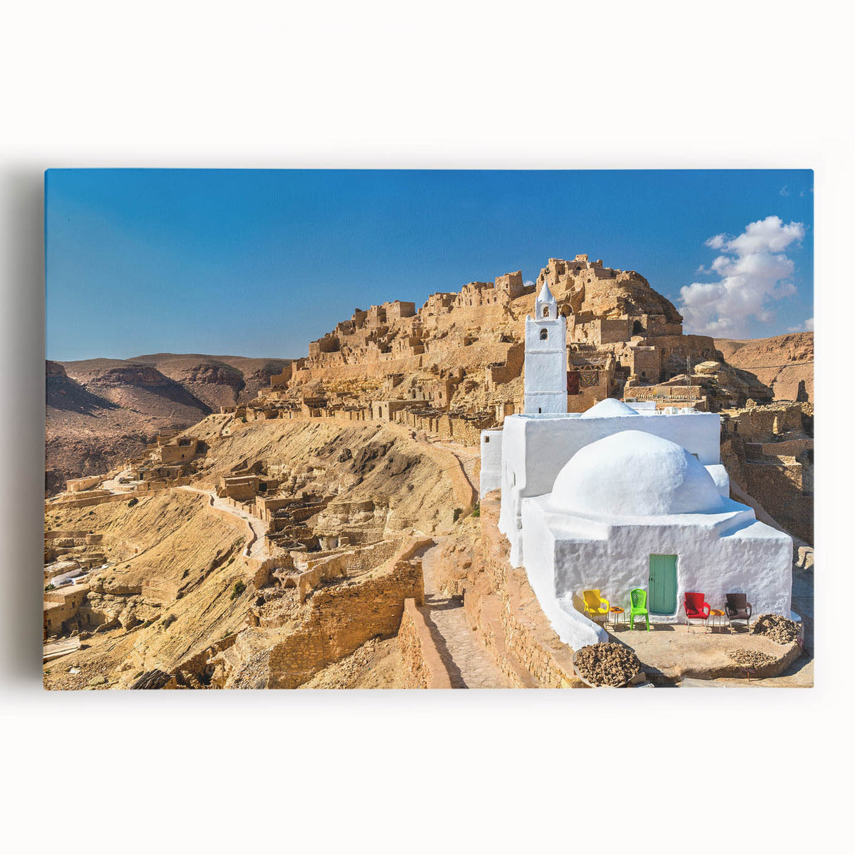 Large black and white stretched canvas of Tunisian landscape, ideal for kitchen wall art.