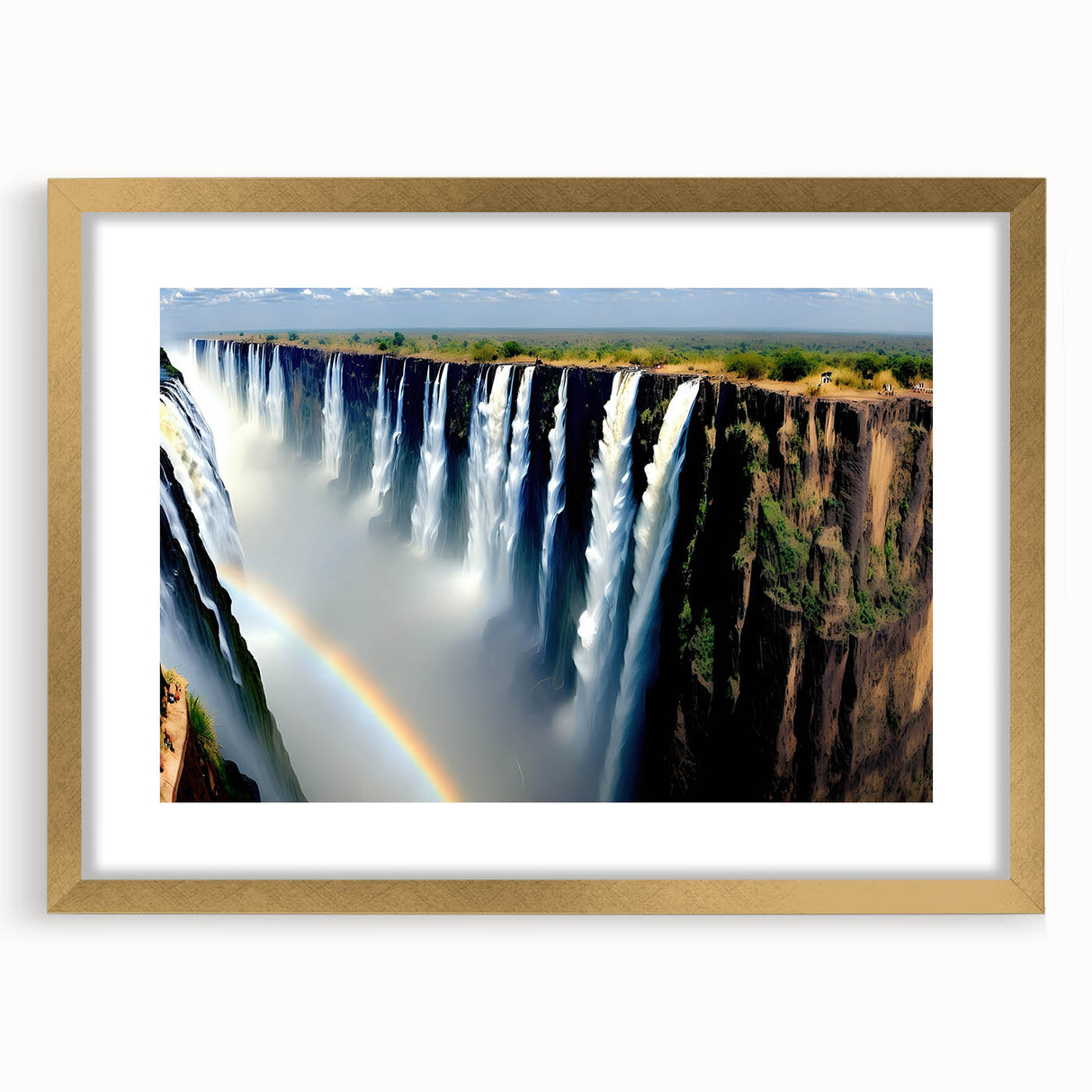 Extra large abstract art print featuring textured scenery of Zambia, with gold frame and mat, suited for living room decor.