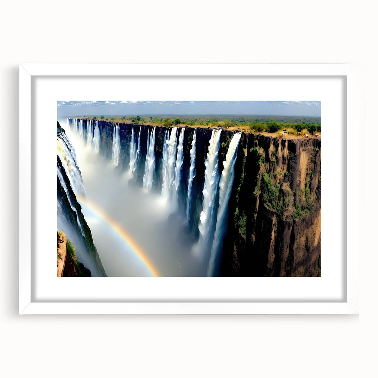 Abstract art print depicting a vibrant African landscape in a white framed mat, ideal for dining room decor.