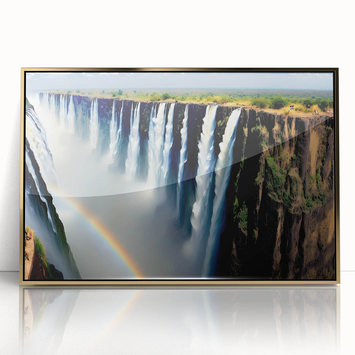 Acrylic print of a Zambian landscape in muted earth tones, framed in gold, suitable for modern art wall decor.