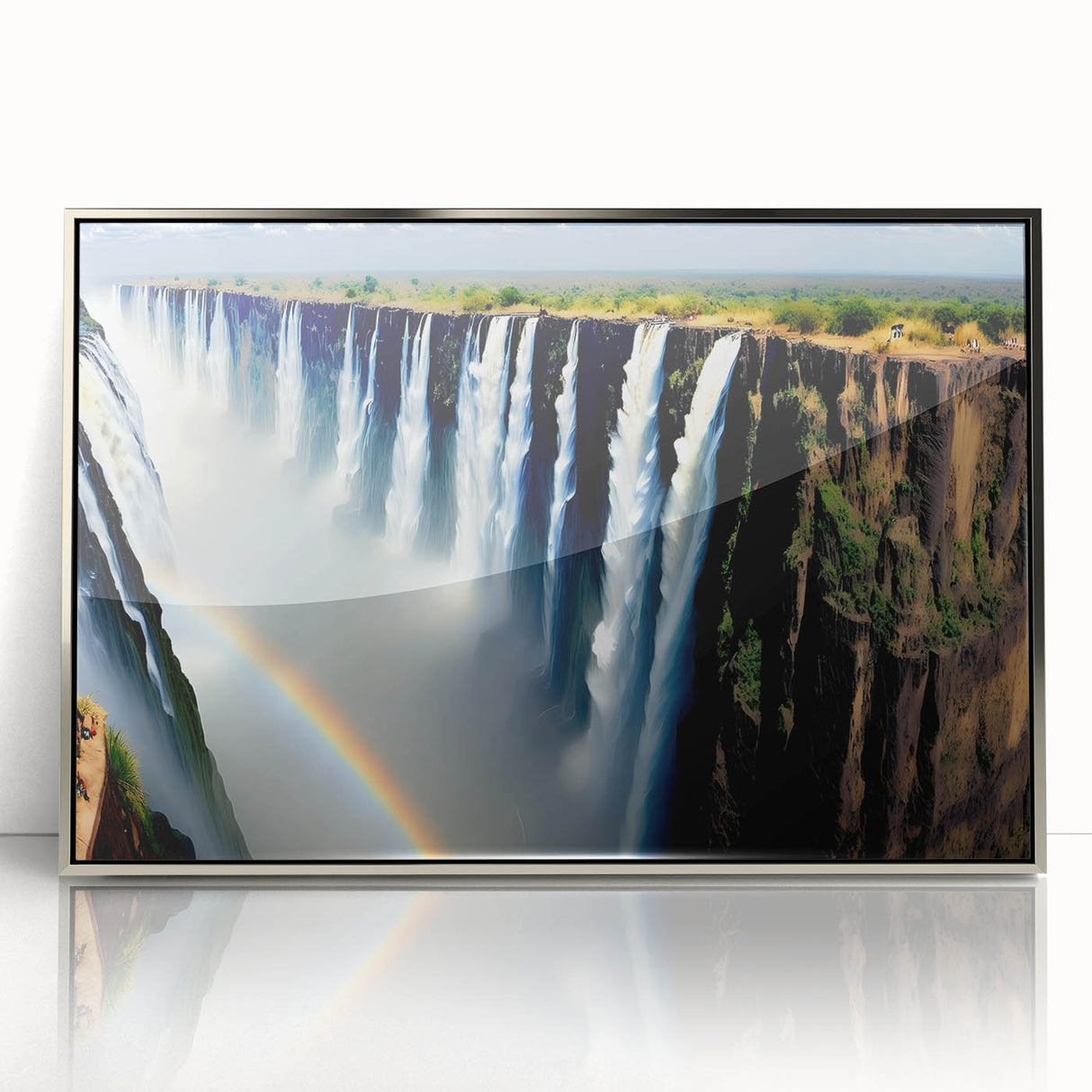 Mid-century modernist art of African scenery in Zambia, depicted in earthy tones on a silver-framed acrylic panel.