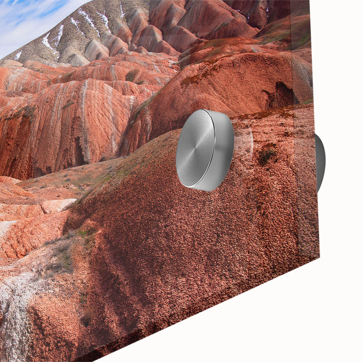 Large abstract wall art featuring a mid-century modernist Azerbaijan scenery in muted earth tones on acrylic glass.