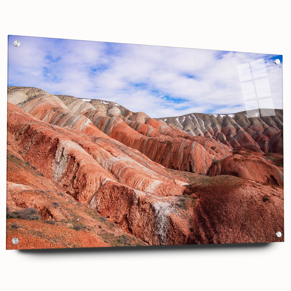Large abstract wall art on acrylic, featuring vibrant hues of blue and orange, ideal for modern bedroom or dining room decor.