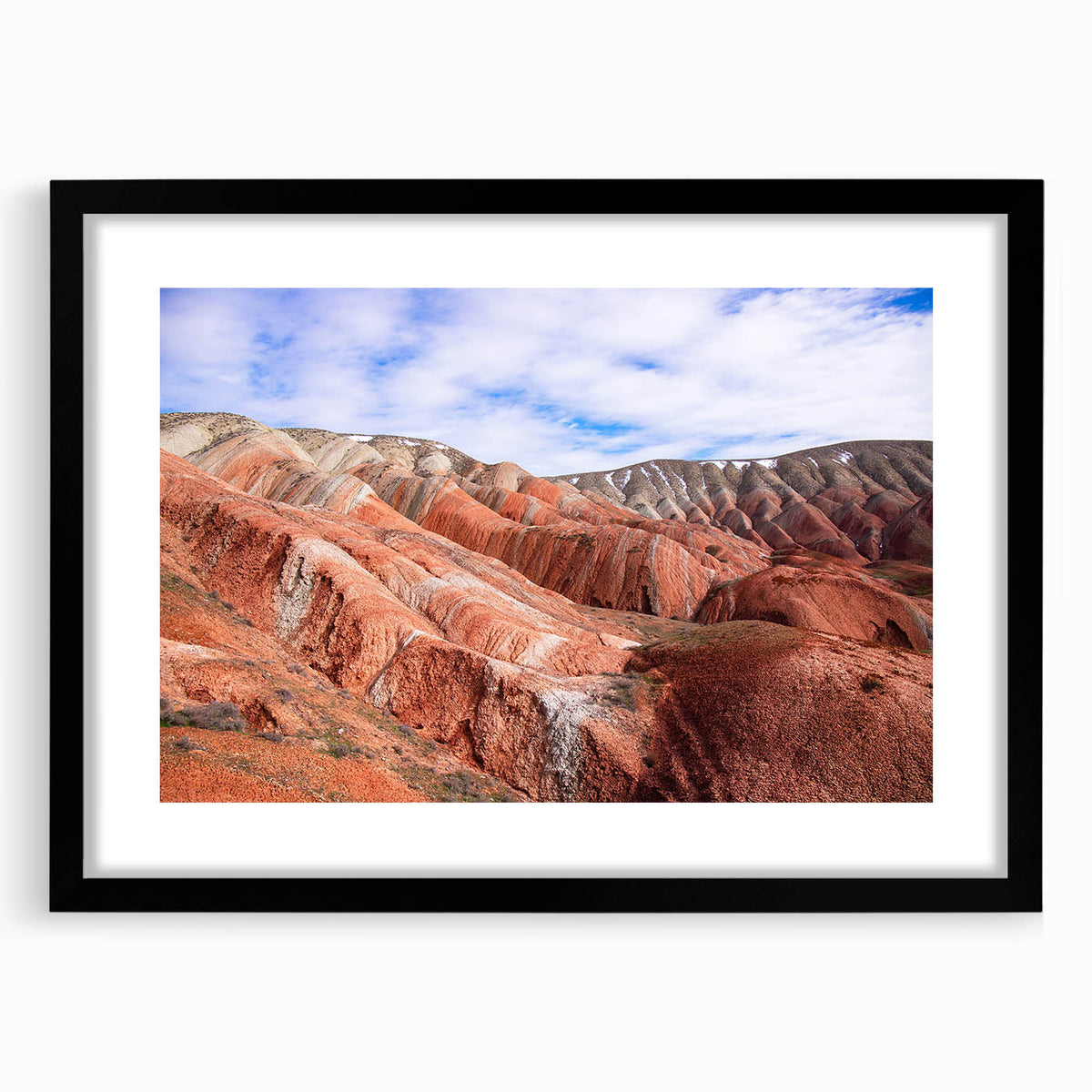Extra large abstract art print featuring vibrant, colorful textures on a black framed canvas, ideal for living room decor.