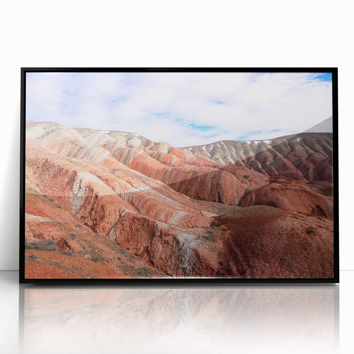 Large abstract wall art depicting a minimalist Azerbaijani landscape in muted earth tones on framed acrylic.