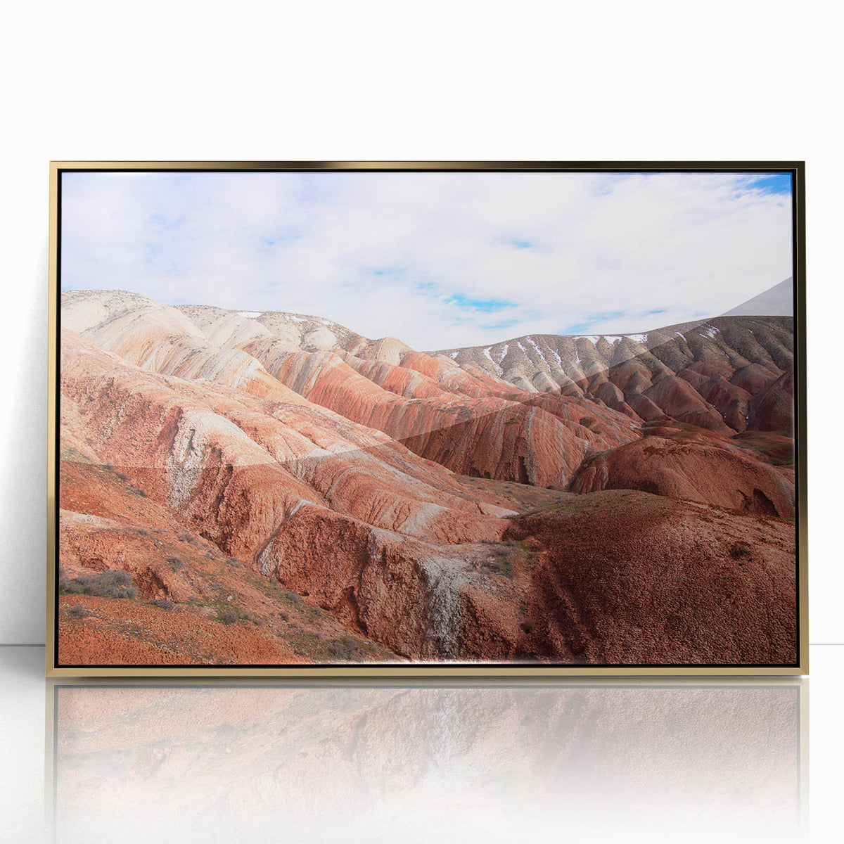 Mid-century modernist acrylic print of an Azerbaijan landscape in gold hues, ideal for modern art wall decor.