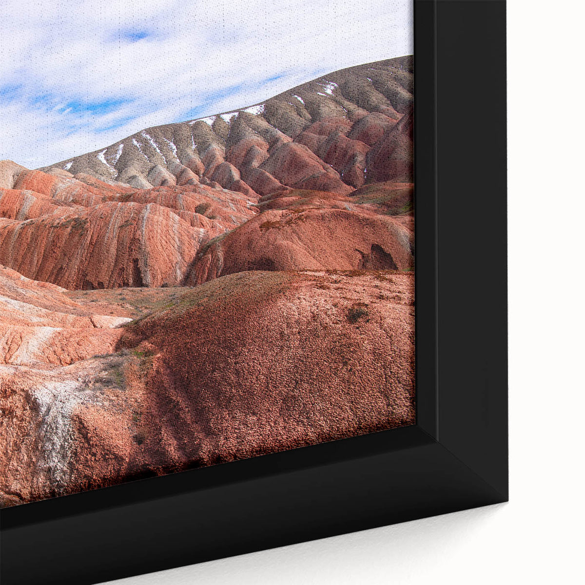 Extra large framed canvas featuring a textured, colorful abstract design with black elements, ideal for living room decor.