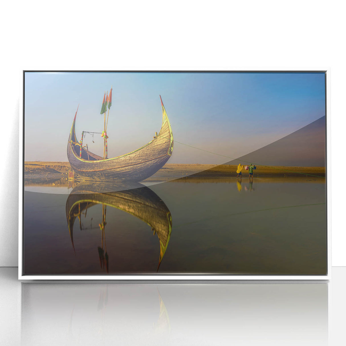 Framed acrylic print featuring a serene Bangladesh landscape in muted green and blue tones, ideal for modern art wall decor.