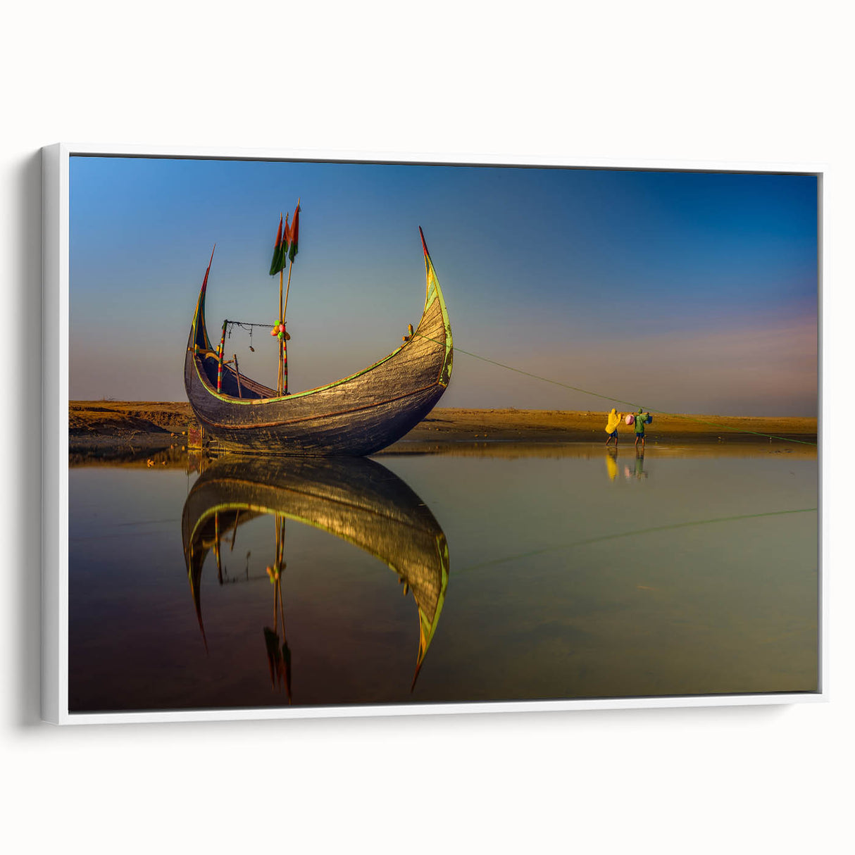 Vintage poster art of a scenic Bangladesh landscape in vibrant colors on a large framed canvas, ideal for living room decor.