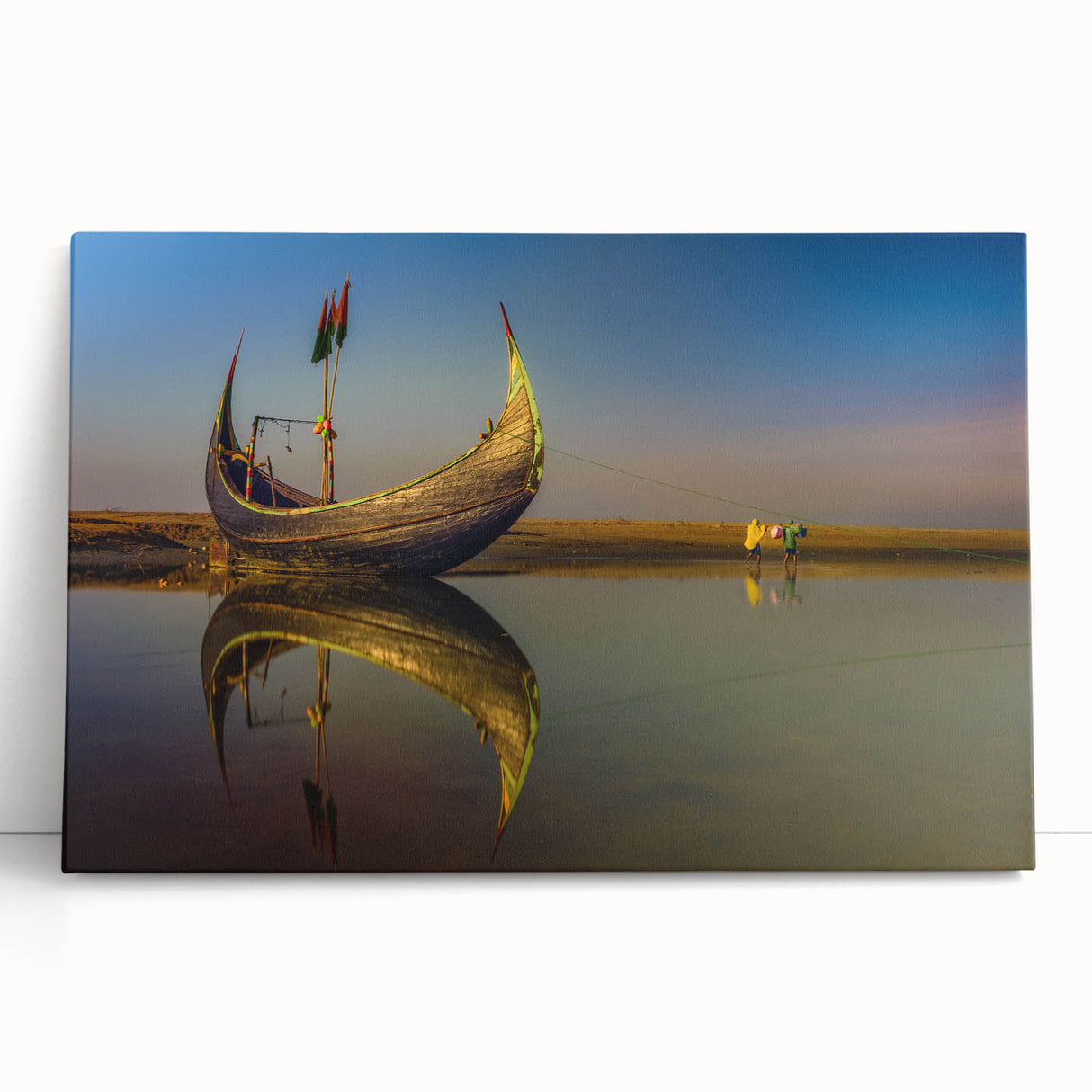 Black and white photograph of a serene Bangladeshi landscape on a large stretched canvas.
