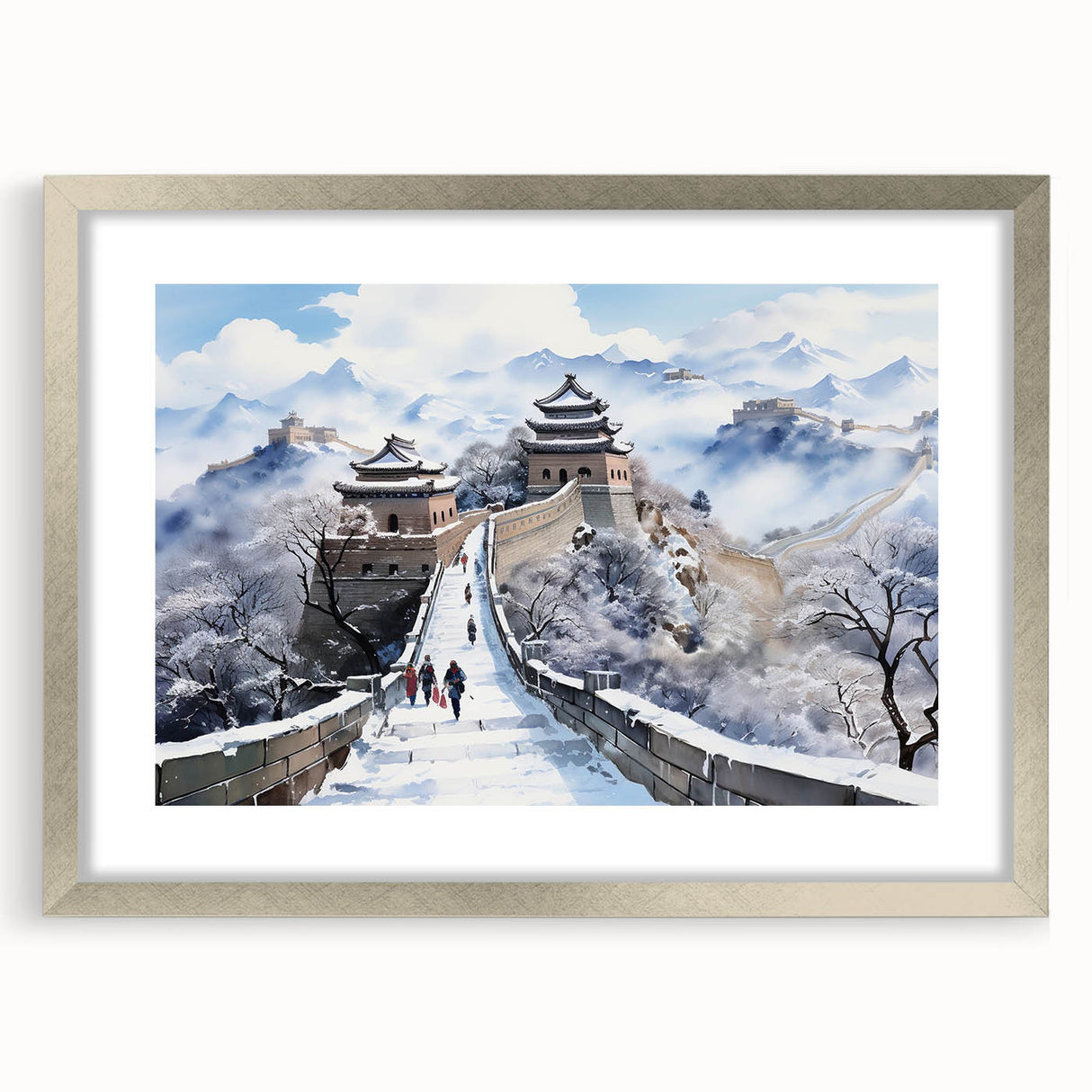 Textured art depicting the Great Wall of China in muted earth tones on a framed silver mat, suitable for bedroom art.