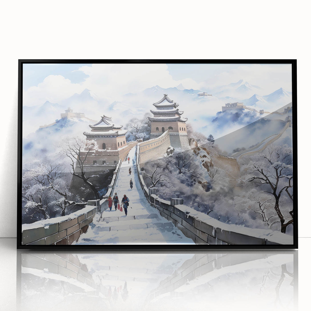 Large abstract wall art depicting the Great Wall of China in muted earth tones, framed in black acrylic.