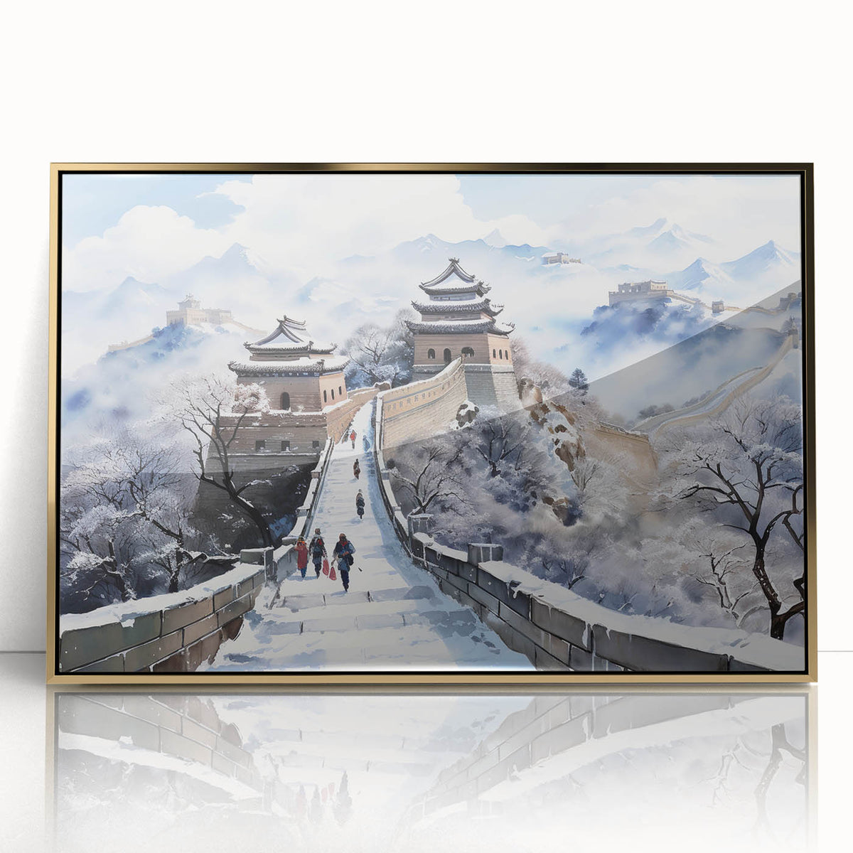 Acrylic print of the Great Wall of China in muted earth tones, framed in gold, suitable for modern art wall decor.