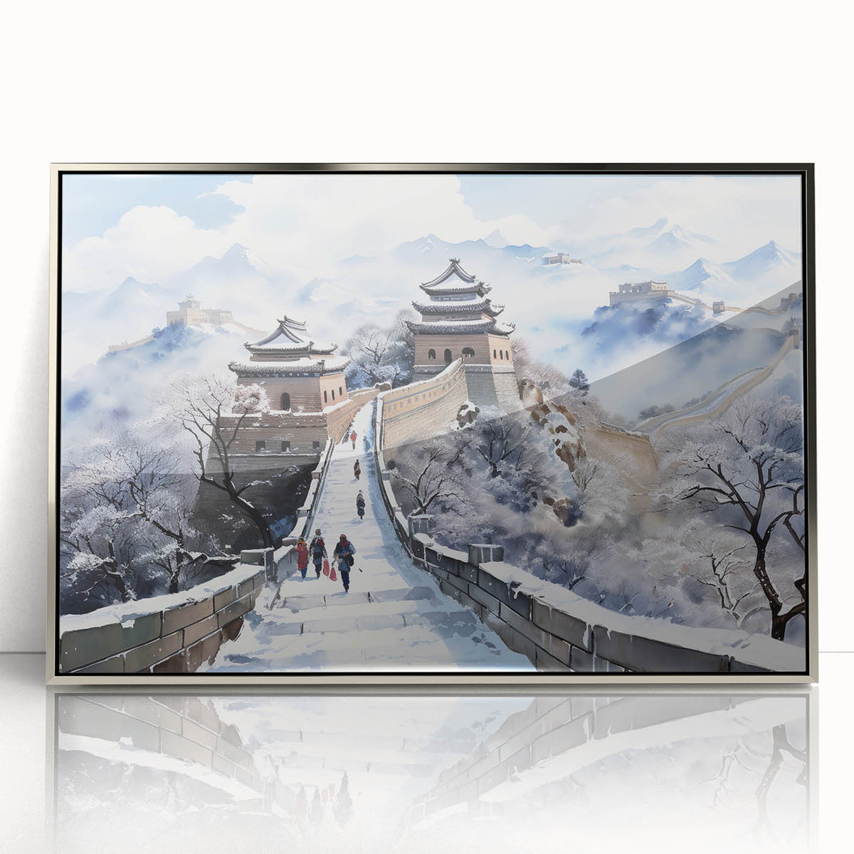 Mid-century modernist art of the Great Wall of China in muted earth tones on a framed acrylic print.