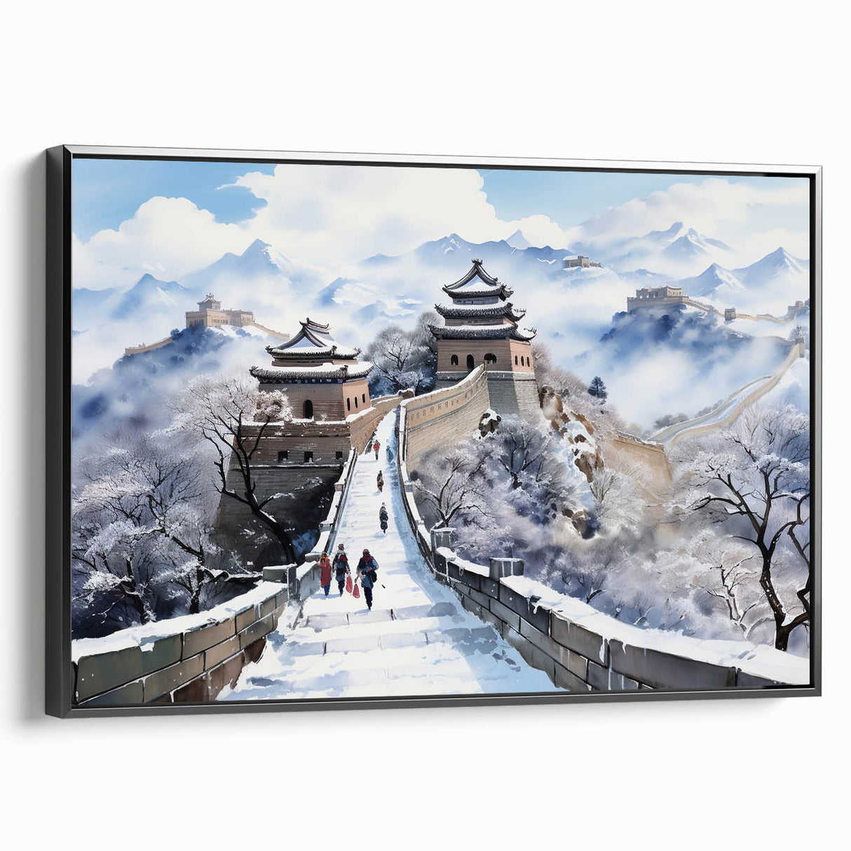 Black and white framed canvas of the Great Wall of China in a vintage poster style, ideal for bedroom decor.