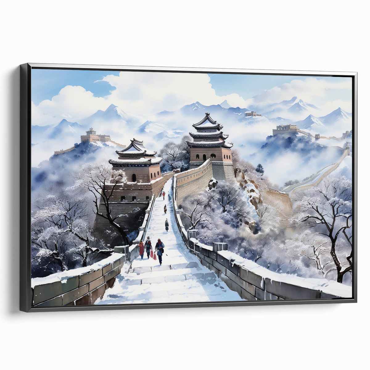 Black and white framed canvas of the Great Wall of China in a vintage poster style, ideal for bedroom decor.