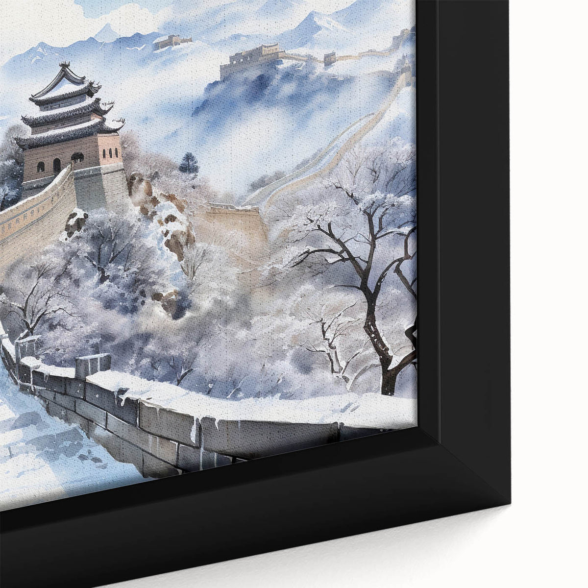 Extra large framed canvas featuring a textured depiction of the Great Wall of China in black with colorful accents.