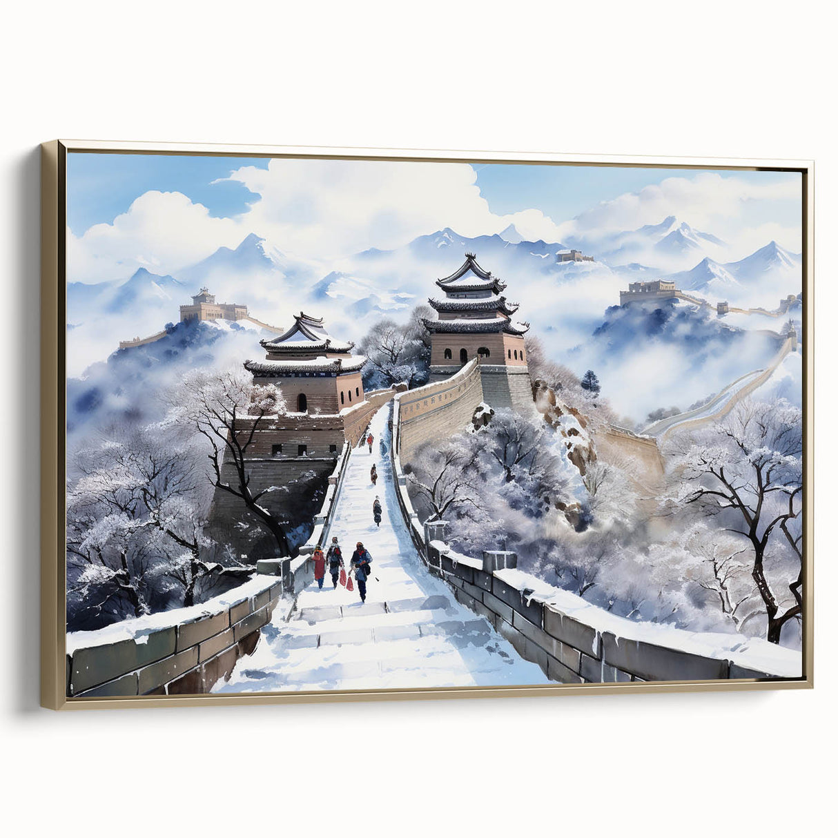 Framed canvas of the Great Wall of China in muted earth tones, ideal for bedroom wall art.