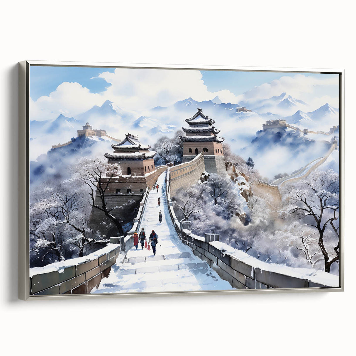 Framed canvas of the Great Wall of China in muted earth tones, ideal for adding a vintage touch to office spaces.
