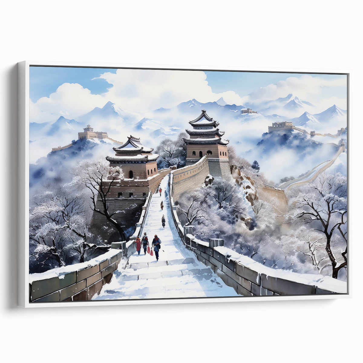 Vintage poster art of the Great Wall of China in colorful hues on a framed canvas, ideal for living room decor.